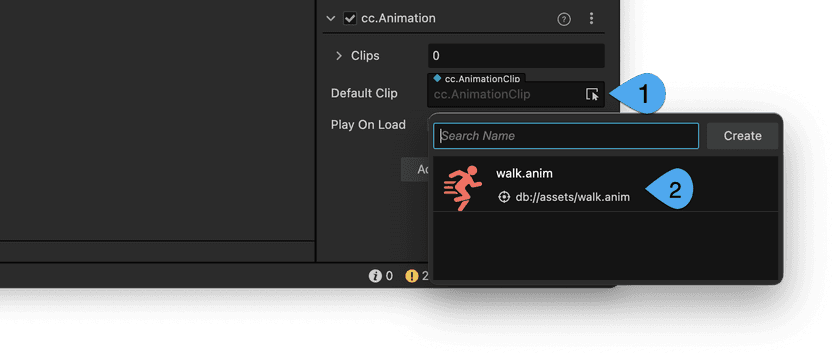 Select the animation clip in Cocos Creator