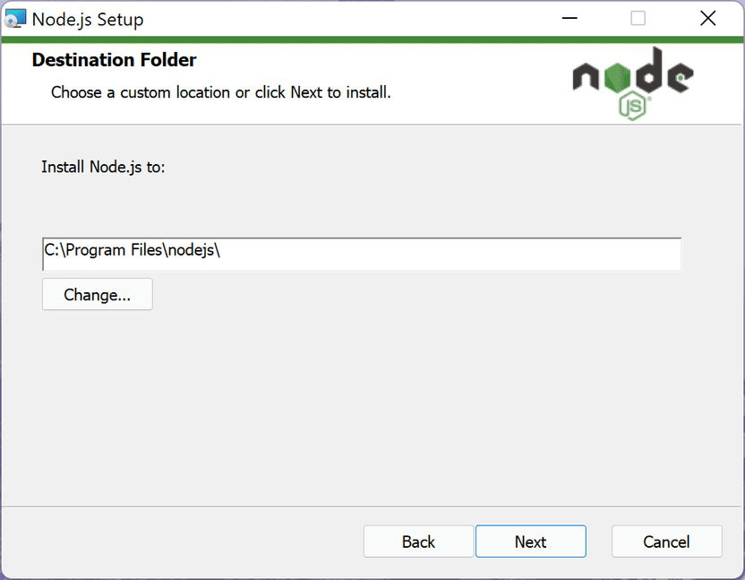 Installing Node.js on Windows: Target directory