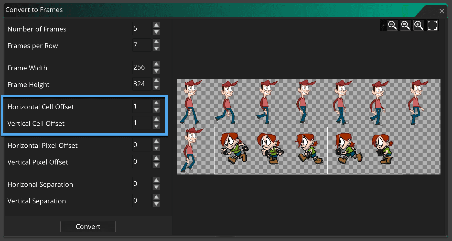 Split sprite sheet with additional offset