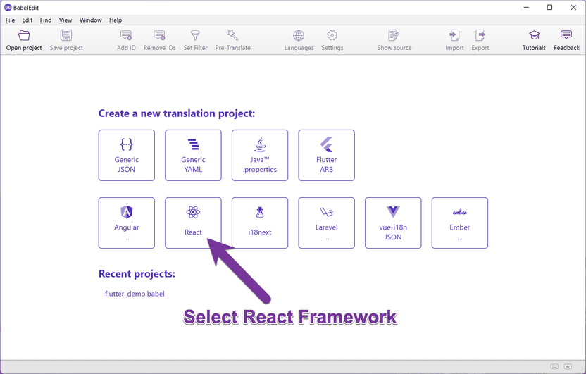 Select React as Framework