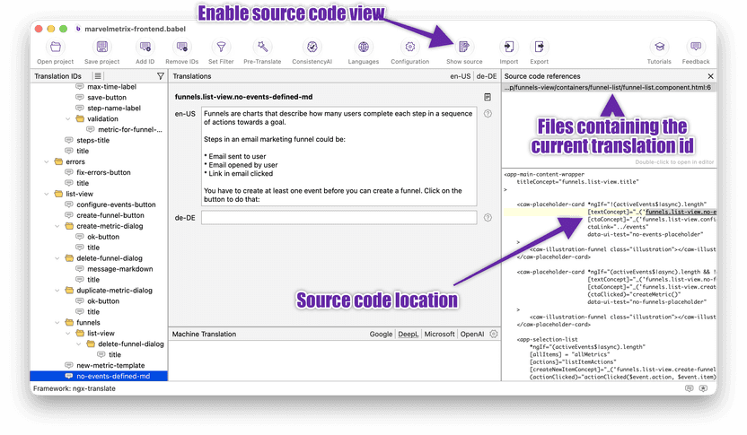 Translation source code references