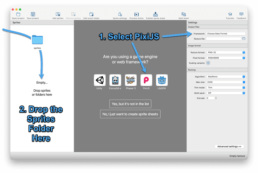 Select PixiJS as Framework and drop the sprites folder onto TexturePacker