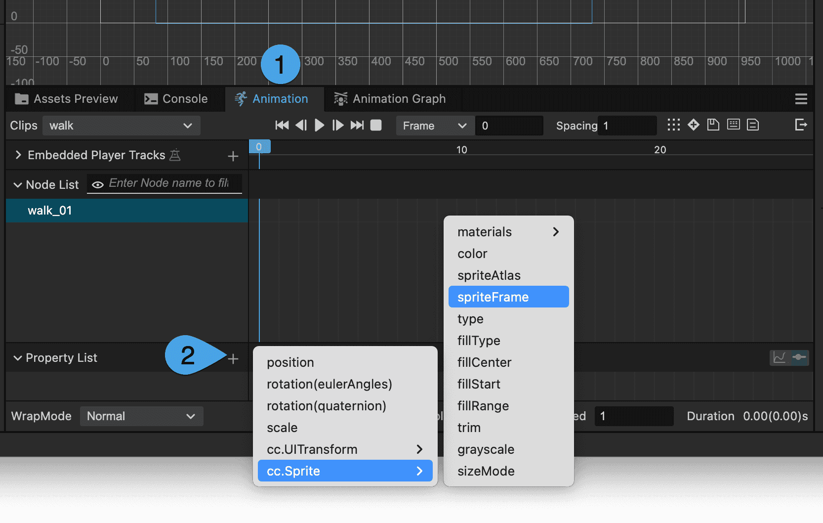 Add the sprite frame property to the animation clip in Cocos Creator