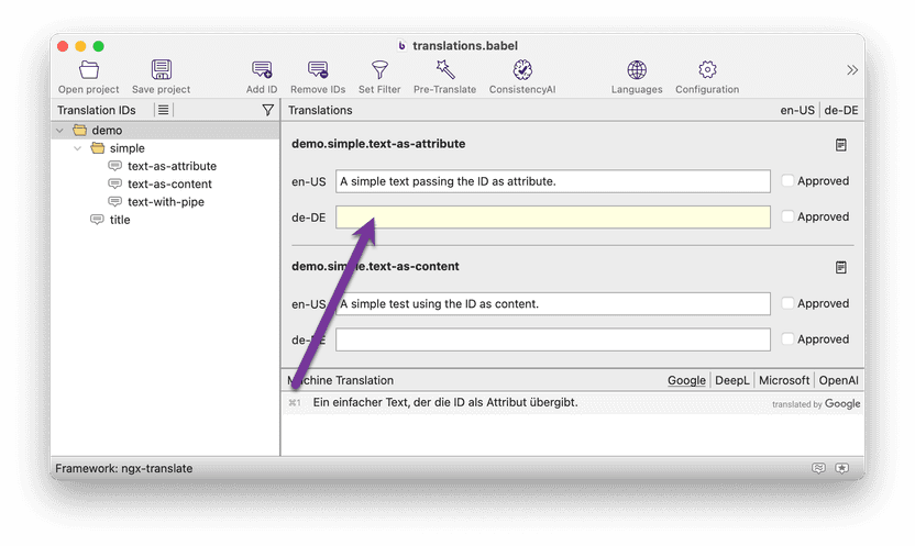 Press CTRL/CMD+1 to accept the machine translation Using machine translation in ngx-translate