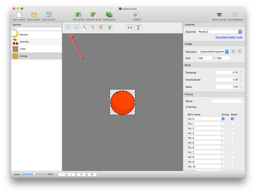 Creating a circular collision shape with PhysicsEditor