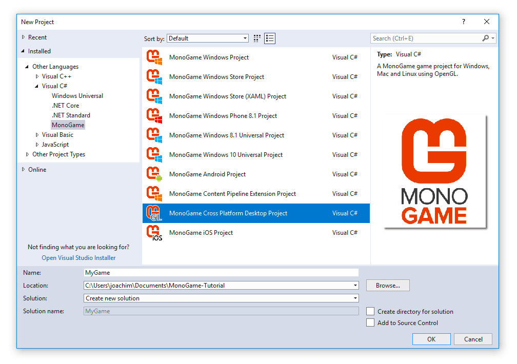 windows monogame create project