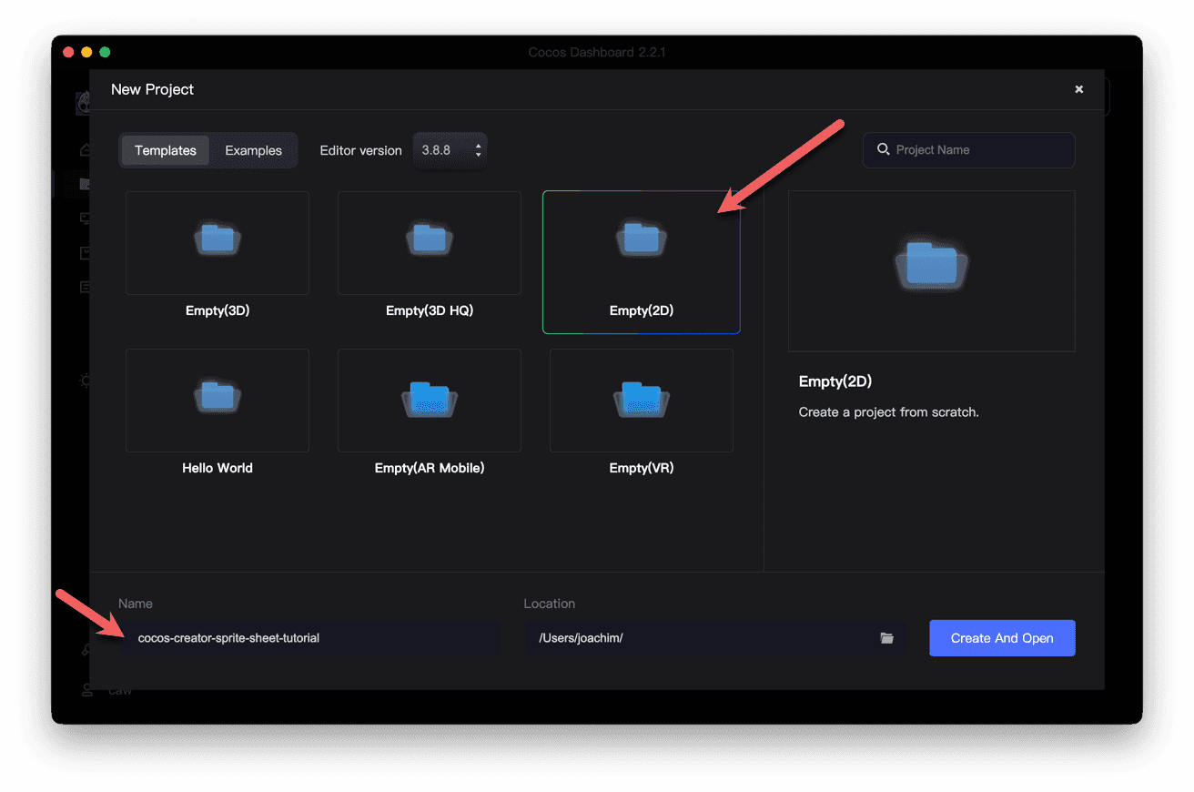 Create a new Empty 2D project in Cocos Creator