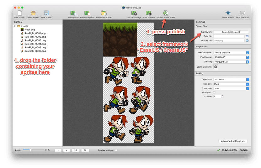 How to create sprite sheets for EaselJS / CreateJS using TexturePacker