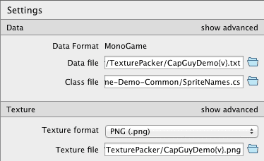 TexturePacker: settings export files populated