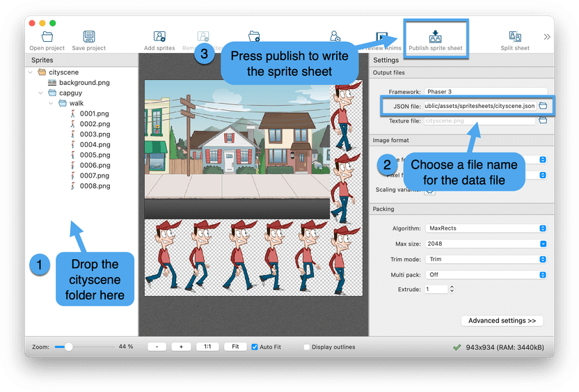 Creating sprite sheets for Phaser 3