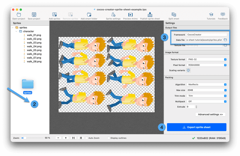 Create a sprite sheet for Cocos Creator using TexturePacker