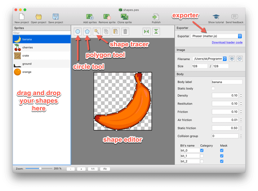 Physics shape editor for Phaser 3 and MatterJS