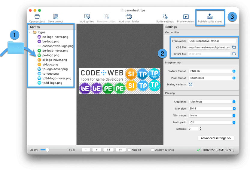 Create css sprite sheet with TexturePacker