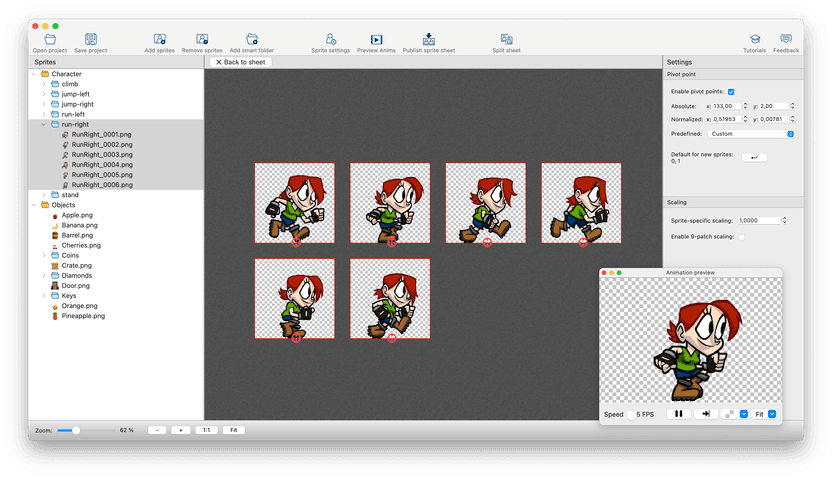Edit your sprite's pivot points while observing the changes in the animation preview window