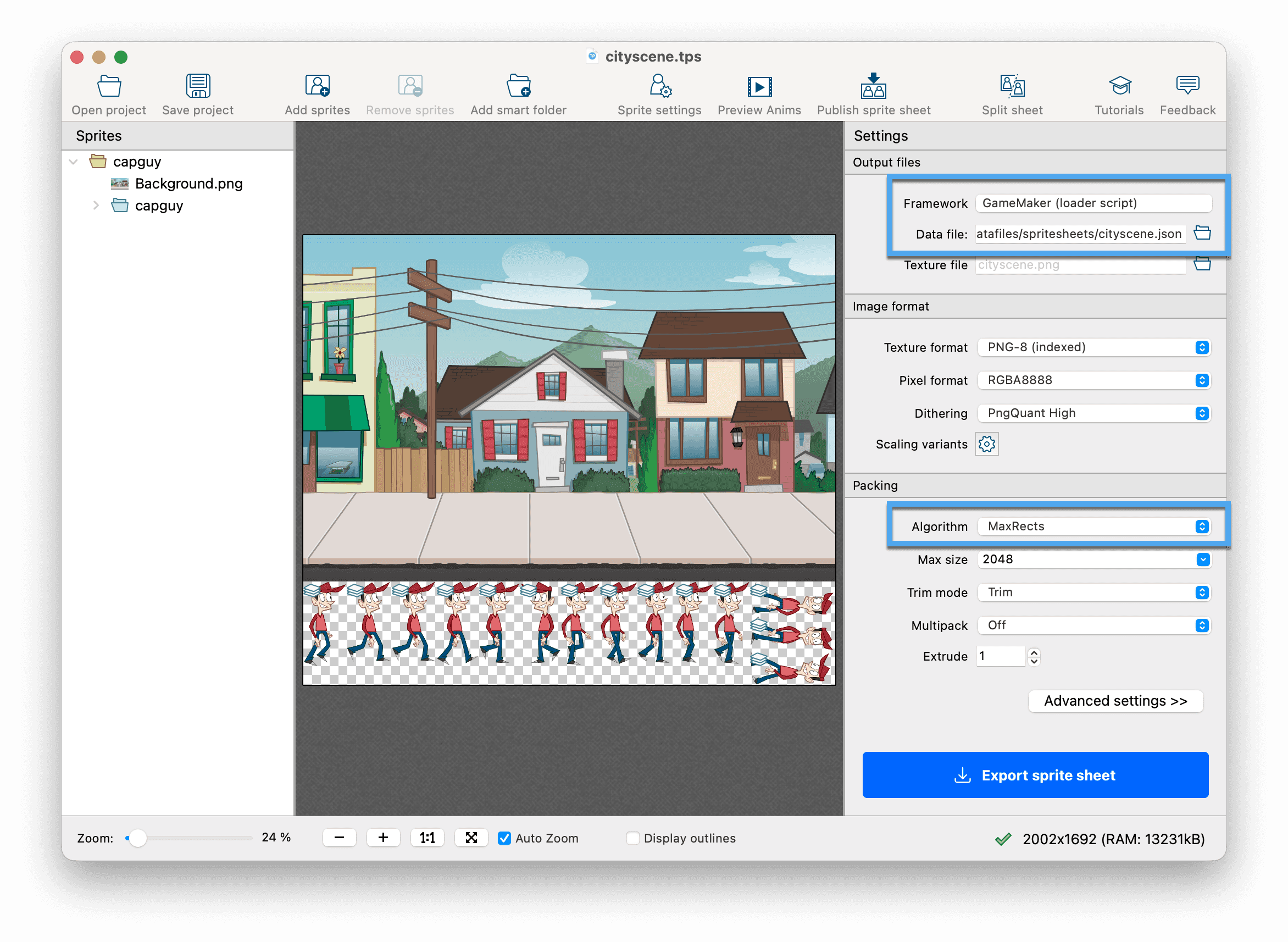Pack sprite sheet with TexturePacker's MaxRects algorithm
