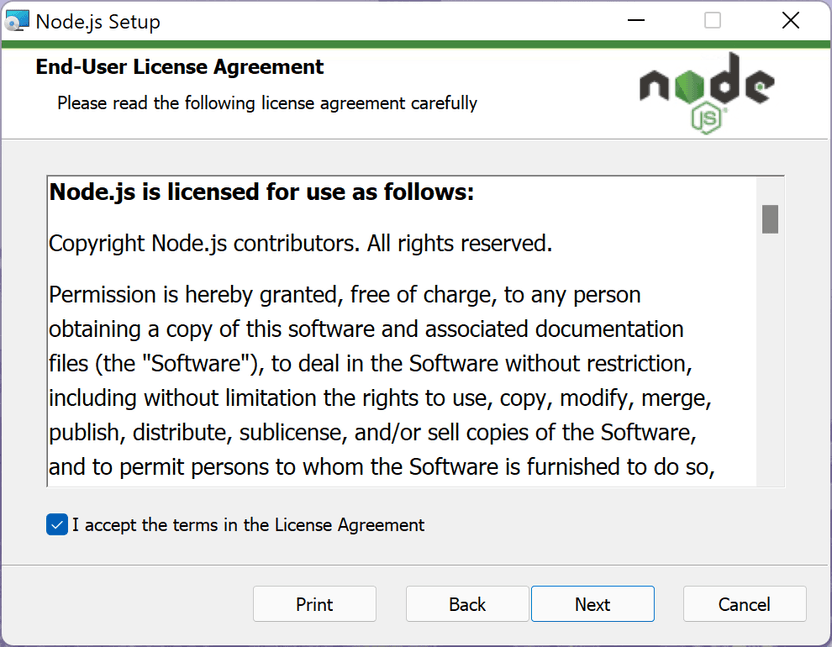 Installing Node.js on Windows: Agreement