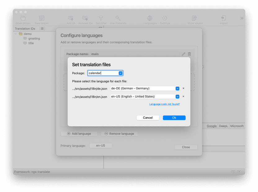 Set the package name and assign the files and languages Select the package name and configure the files per language