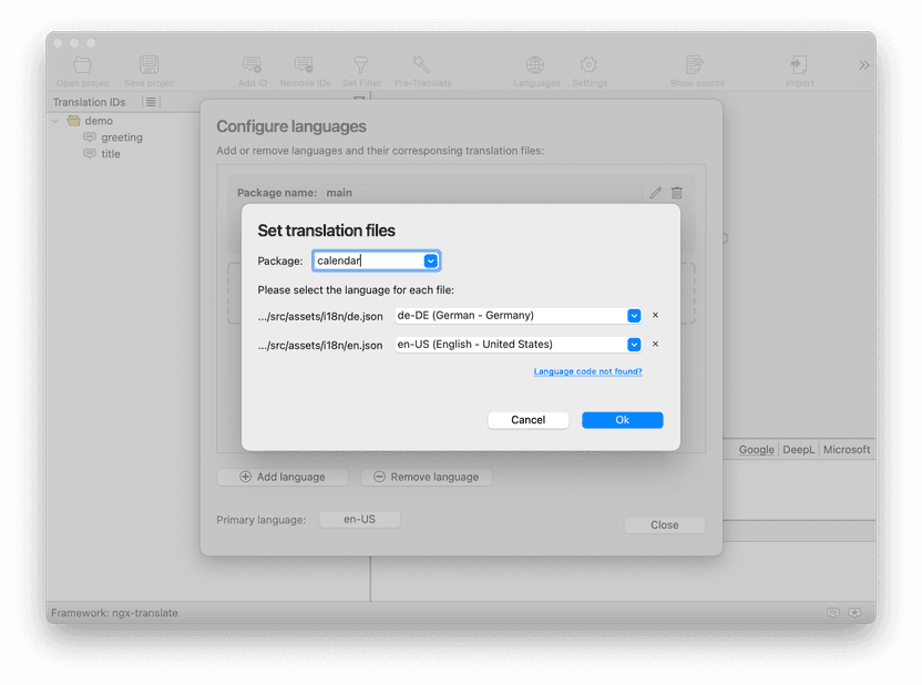 Select the package name and configure the files per language