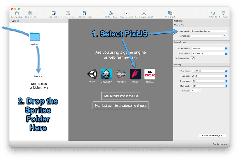 Select PixiJS as Framework and drop the sprites folder onto TexturePacker