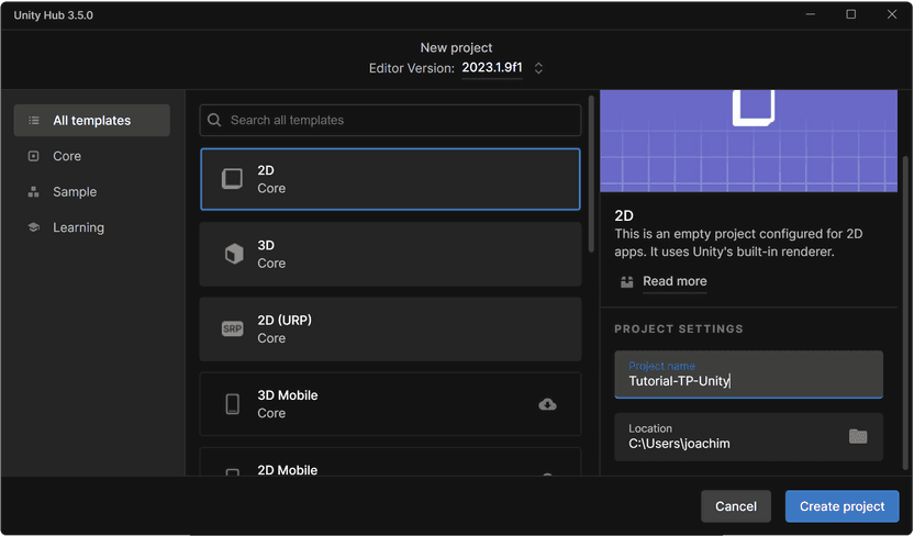 Unity new project creation window