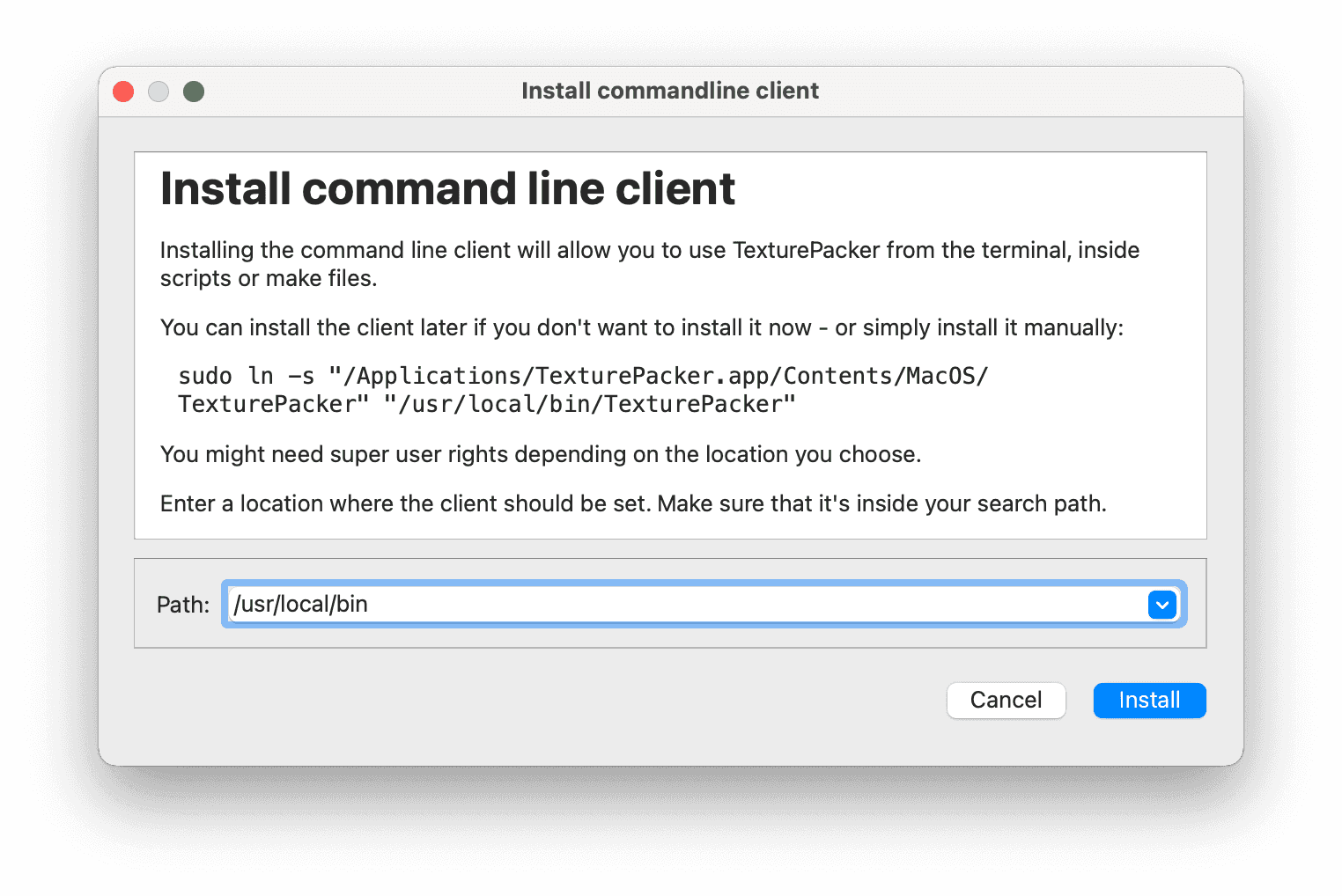 Installing TexturePacker's command line tool on macOS