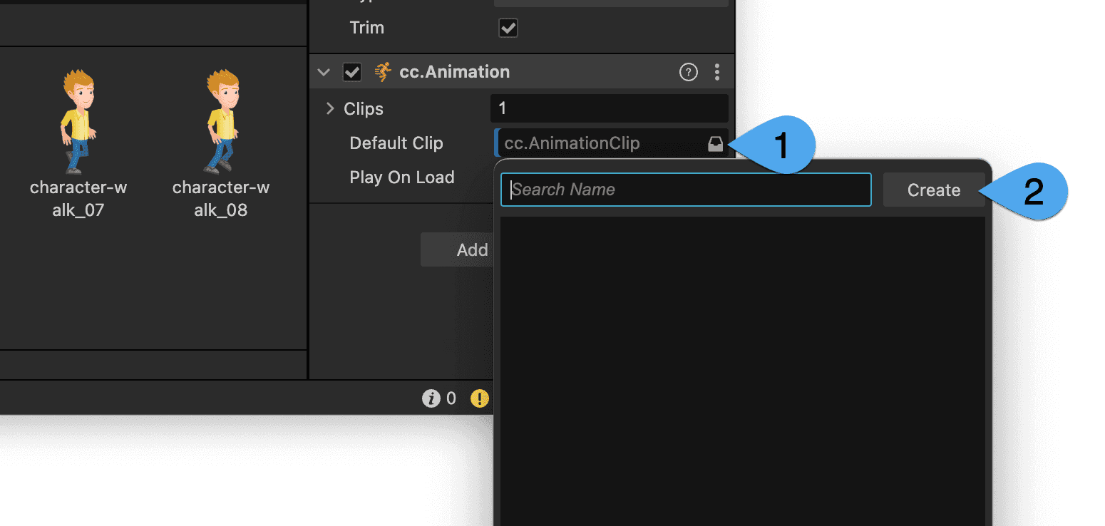 Create an animation clip in Cocos Creator and save it as walk.anim